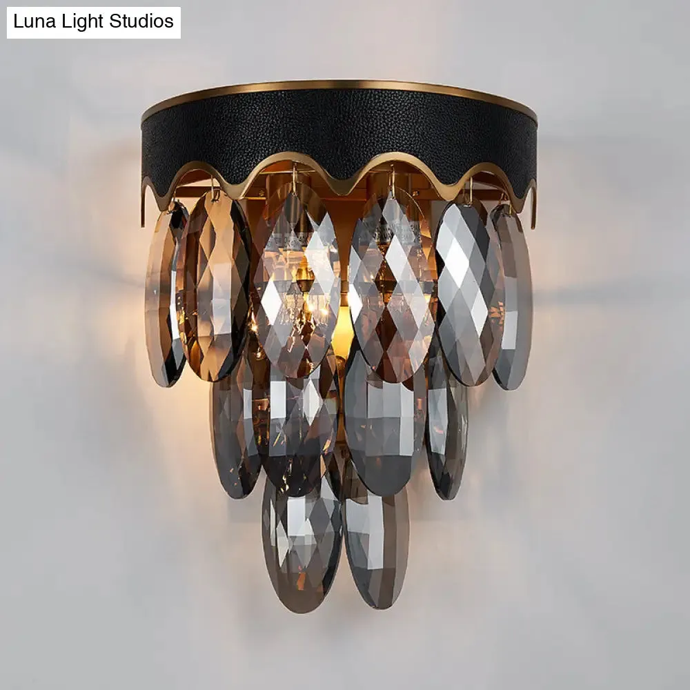 Modern 3-Layer Black Wall Mount Lighting: Beveled K9 Crystal Wall Sconce with 2 Lights for Bedside
