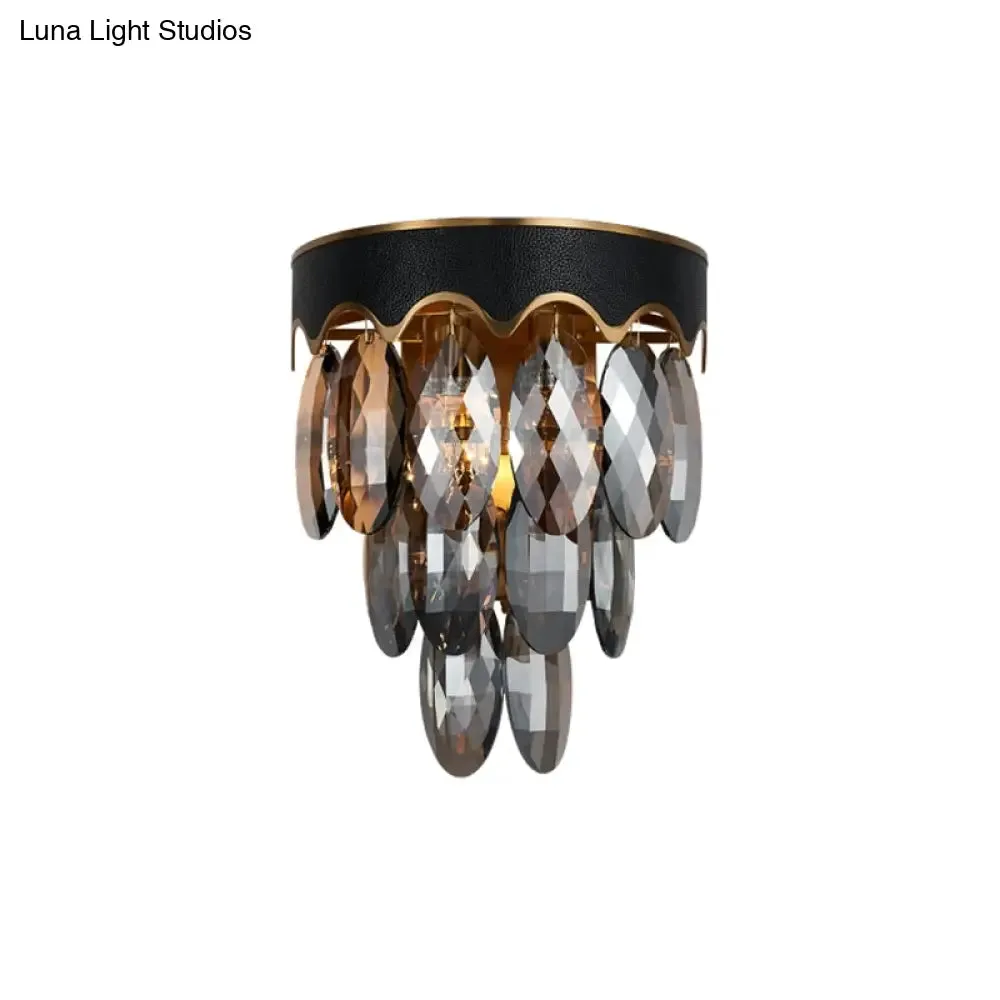 Modern 3-Layer Black Wall Mount Lighting: Beveled K9 Crystal Wall Sconce with 2 Lights for Bedside