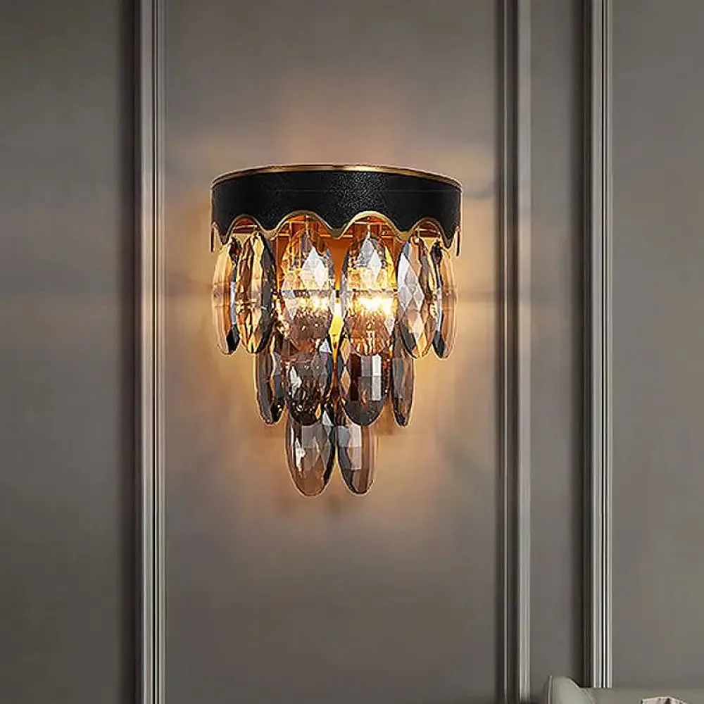 Modern 3-Layer Black Wall Mount Lighting: Beveled K9 Crystal Wall Sconce with 2 Lights for Bedside