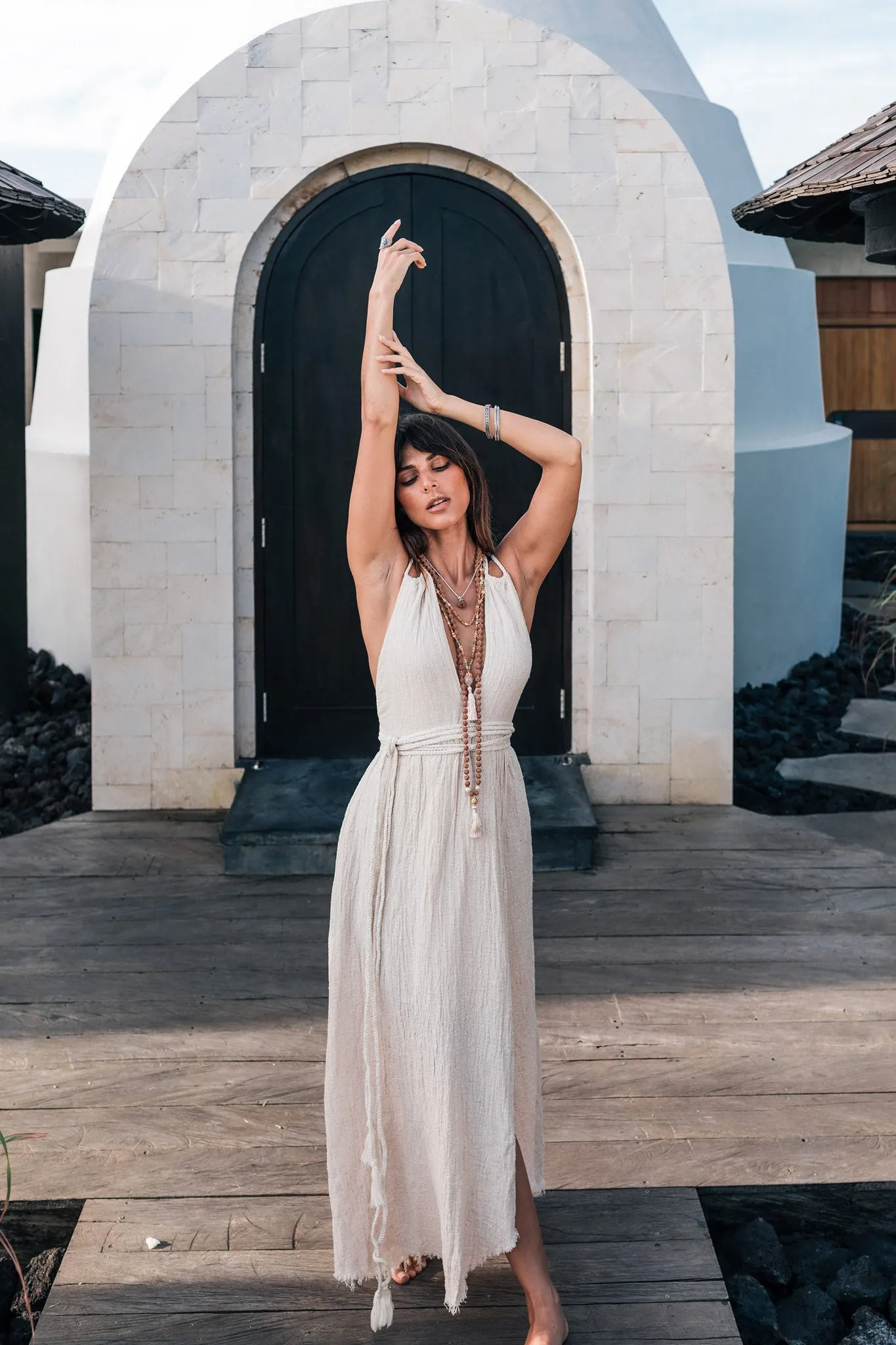 Off-White Boho Wedding Dress with Open Back