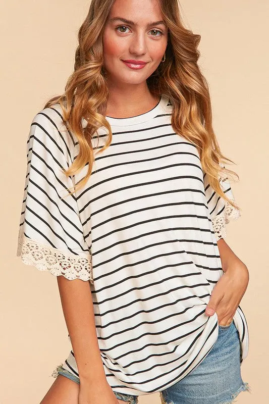 *Online Exclusive* Stripe Crochet Lace Sleeve Knit Top