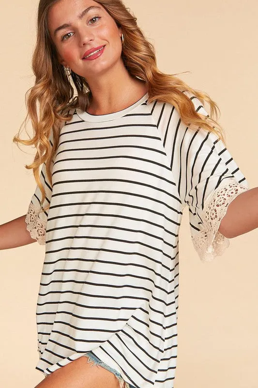 *Online Exclusive* Stripe Crochet Lace Sleeve Knit Top