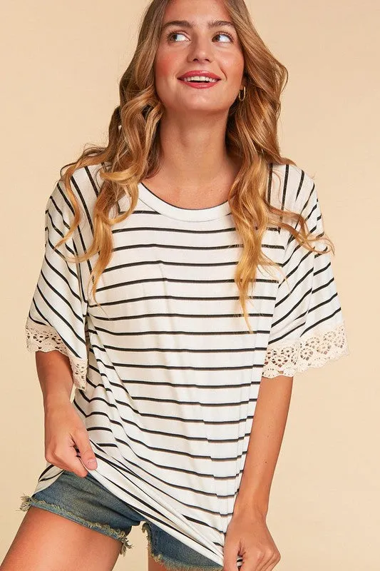 *Online Exclusive* Stripe Crochet Lace Sleeve Knit Top