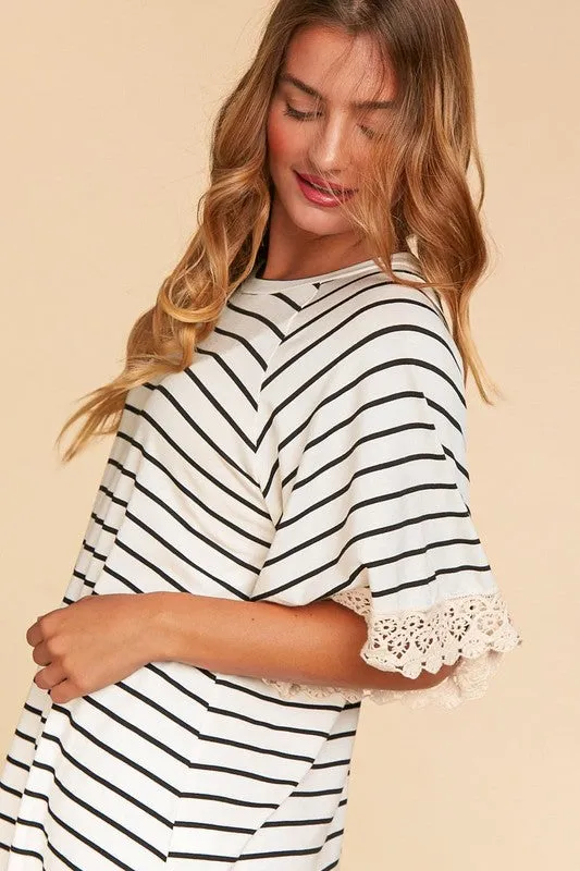 *Online Exclusive* Stripe Crochet Lace Sleeve Knit Top