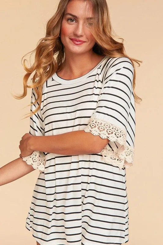 *Online Exclusive* Stripe Crochet Lace Sleeve Knit Top
