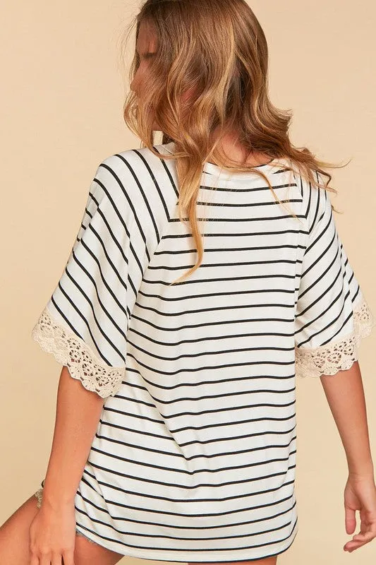 *Online Exclusive* Stripe Crochet Lace Sleeve Knit Top