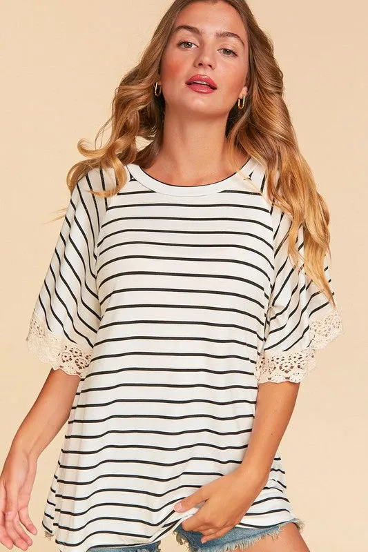 *Online Exclusive* Stripe Crochet Lace Sleeve Knit Top