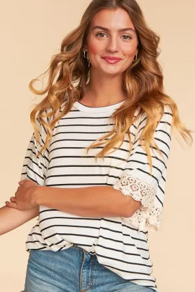 *Online Exclusive* Stripe Crochet Lace Sleeve Knit Top
