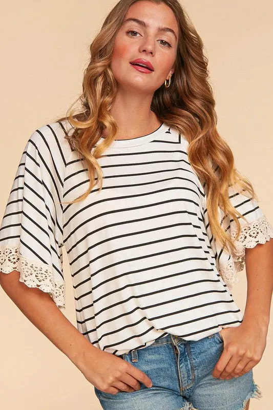 *Online Exclusive* Stripe Crochet Lace Sleeve Knit Top