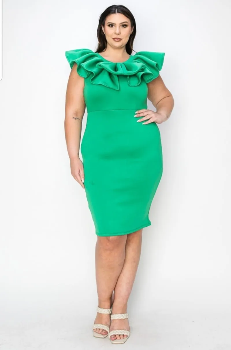 Plus Size Ruffled Neck Detail Sleeveless Midi Bodycon Dress