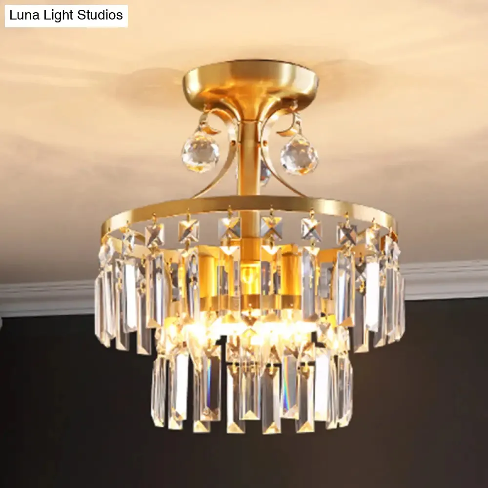 Postmodern Brass Drum Flush Mount Ceiling Light with Crystal Prism - 3 Lights