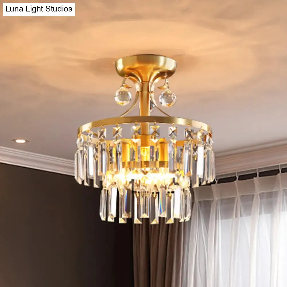 Postmodern Brass Drum Flush Mount Ceiling Light with Crystal Prism - 3 Lights