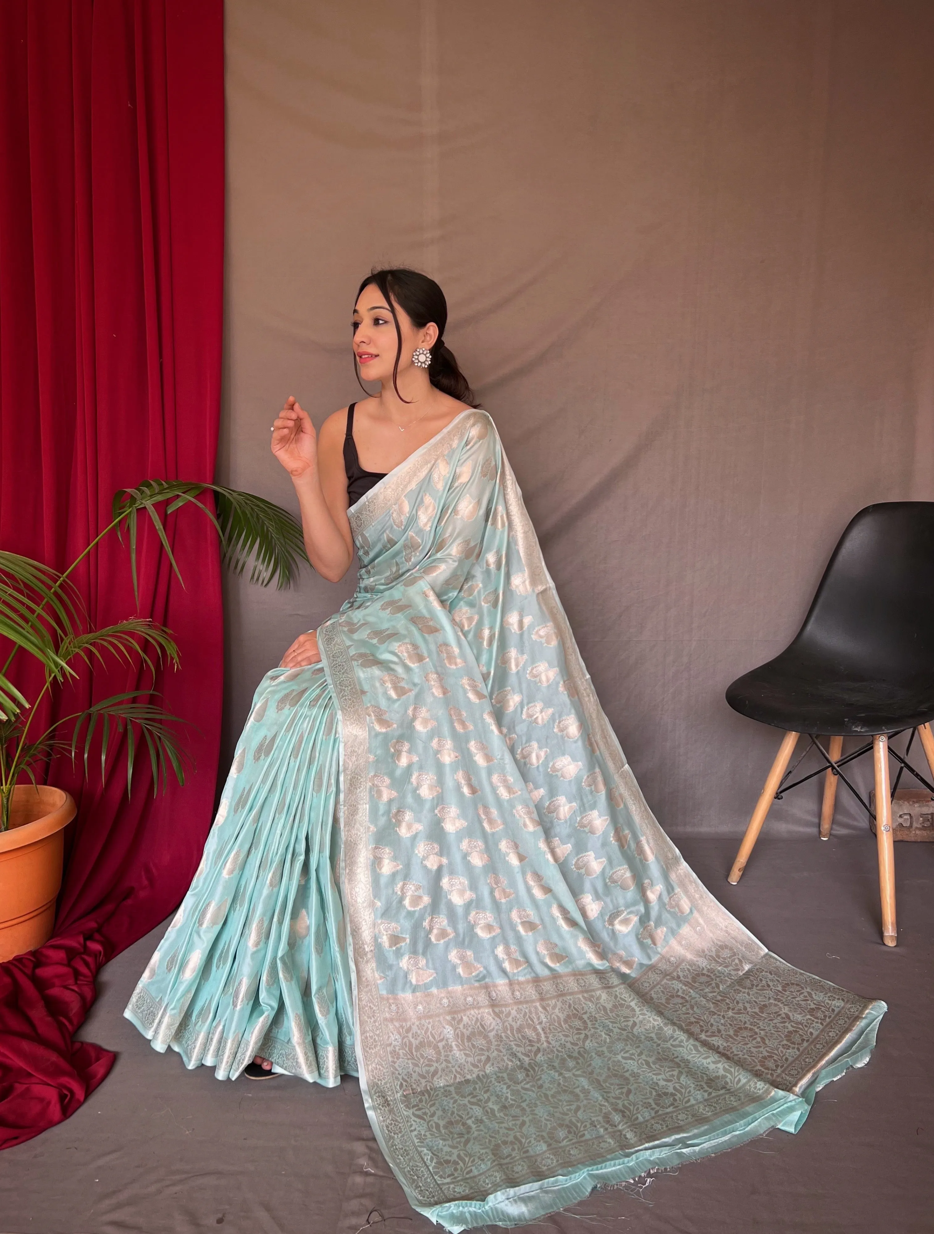 Powder Blue Saree in Tabby Soft Silk Woven