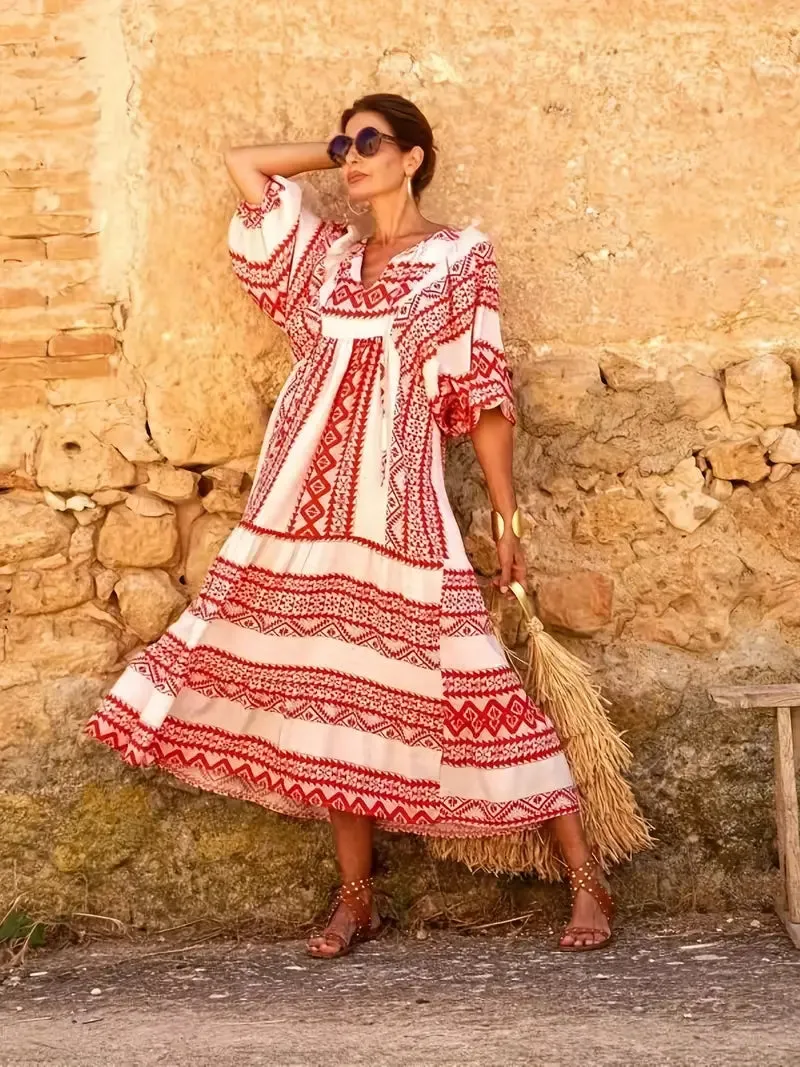 Red Print Boho Puff Sleeve Maxi Loose Dress