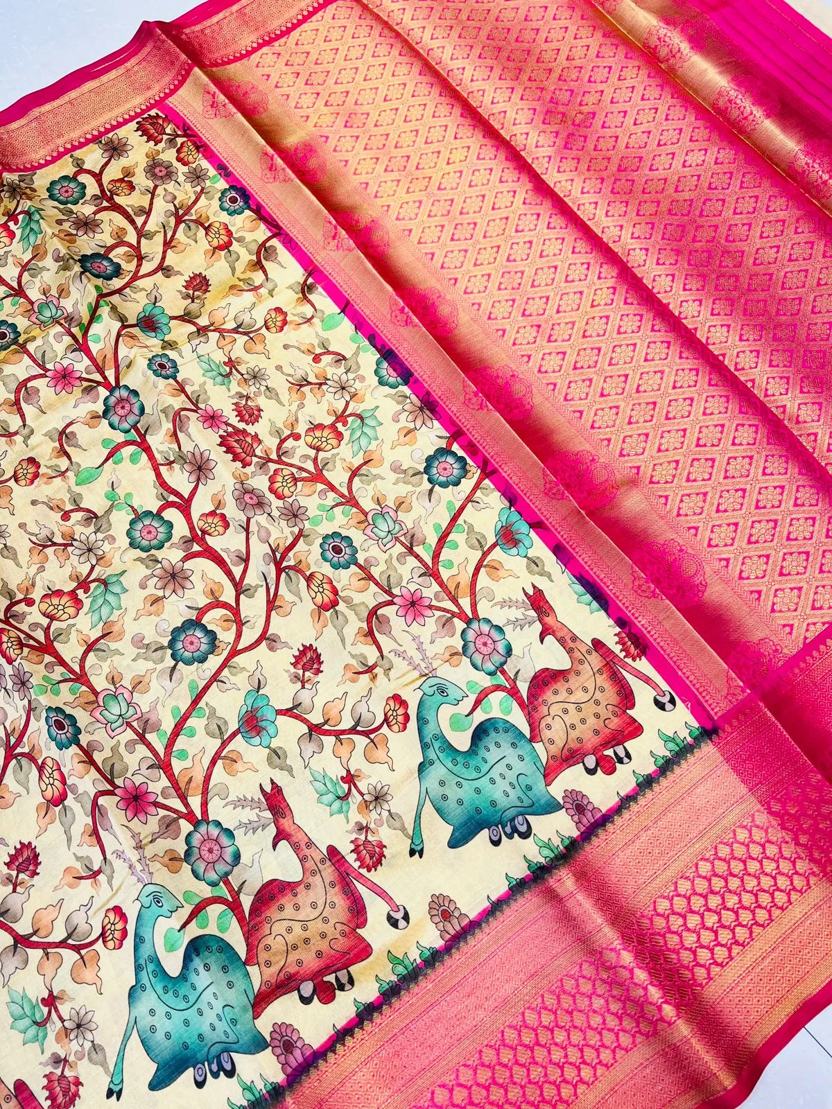 Sophisticated Beige Kalamkari Printed Saree With Glorious Blouse Piece