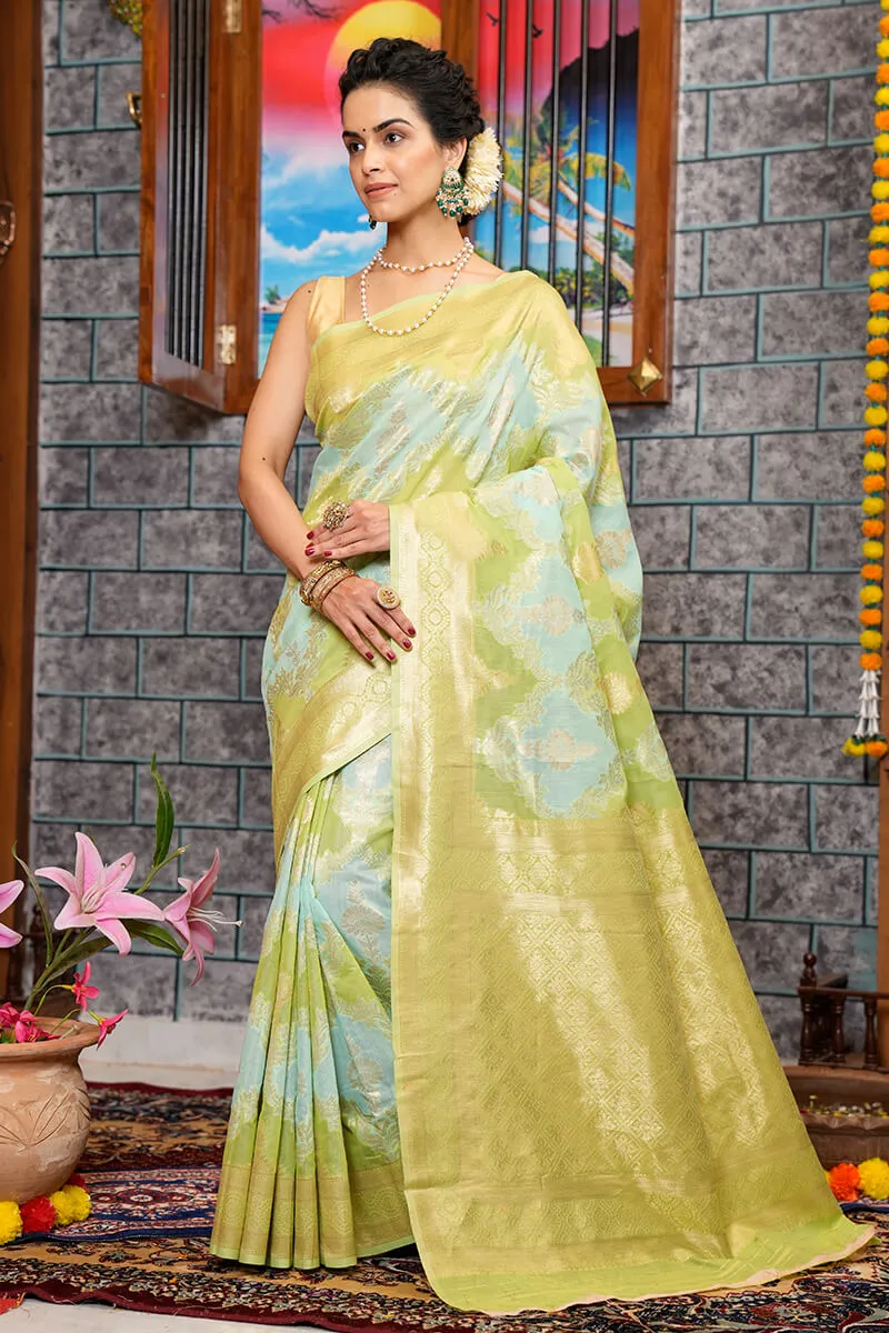 Sophisticated Sky Linen Cotton Silk Saree With Energetic Blouse Piece
