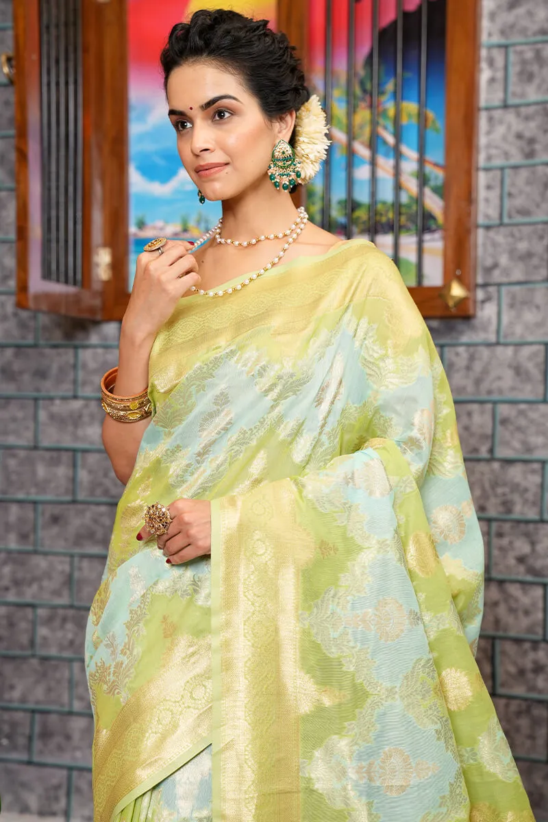 Sophisticated Sky Linen Cotton Silk Saree With Energetic Blouse Piece