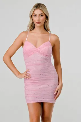 SPARKLES MESH SWEETHEART BODYCON RUCHED MINI DRESS