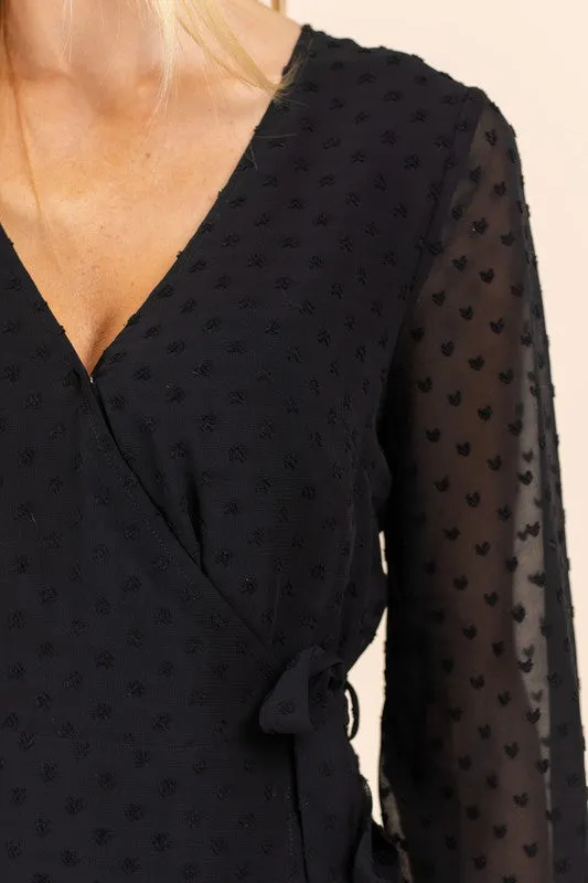 TEEK - Black Sheer Sleeve Double Layer Wrap Dress