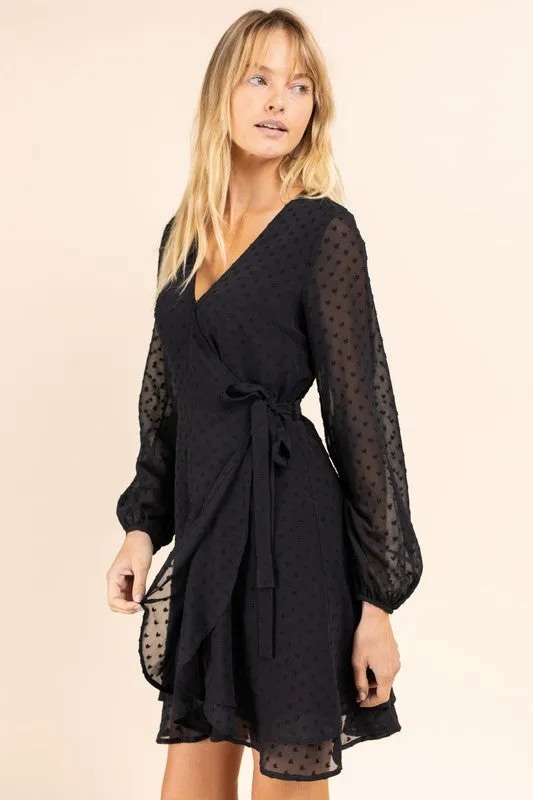 TEEK - Black Sheer Sleeve Double Layer Wrap Dress