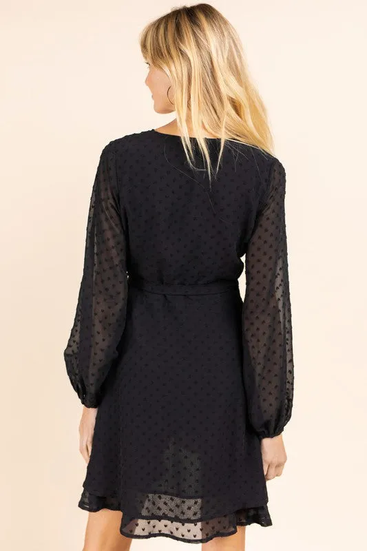 TEEK - Black Sheer Sleeve Double Layer Wrap Dress