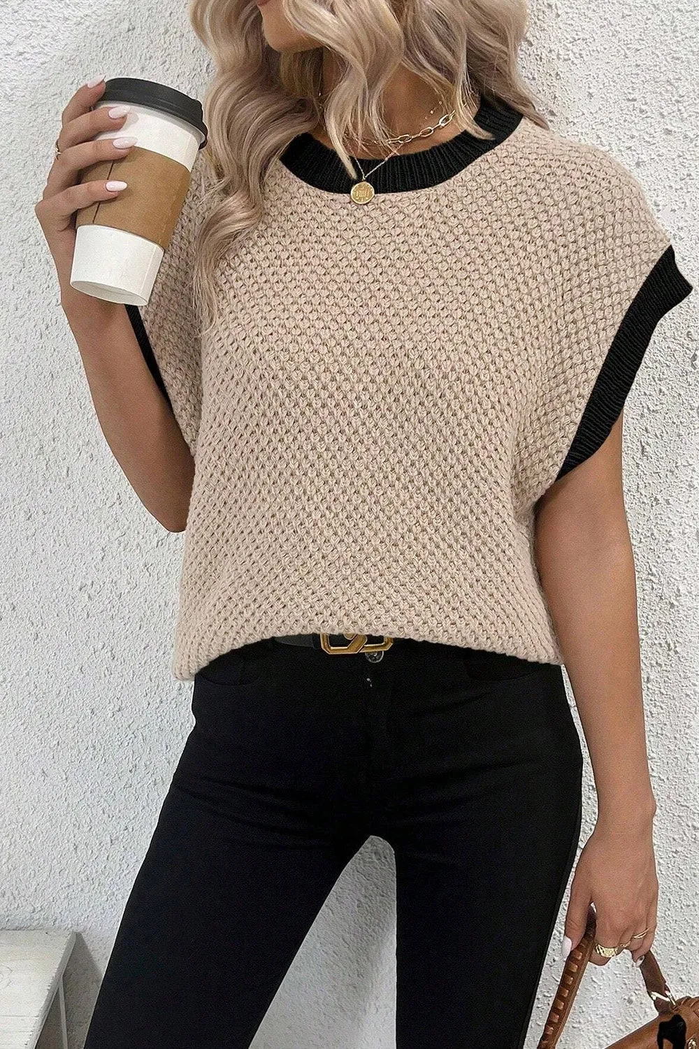 TEEK - Khaki Contrast Round Neck Cap Sleeve Knit Top