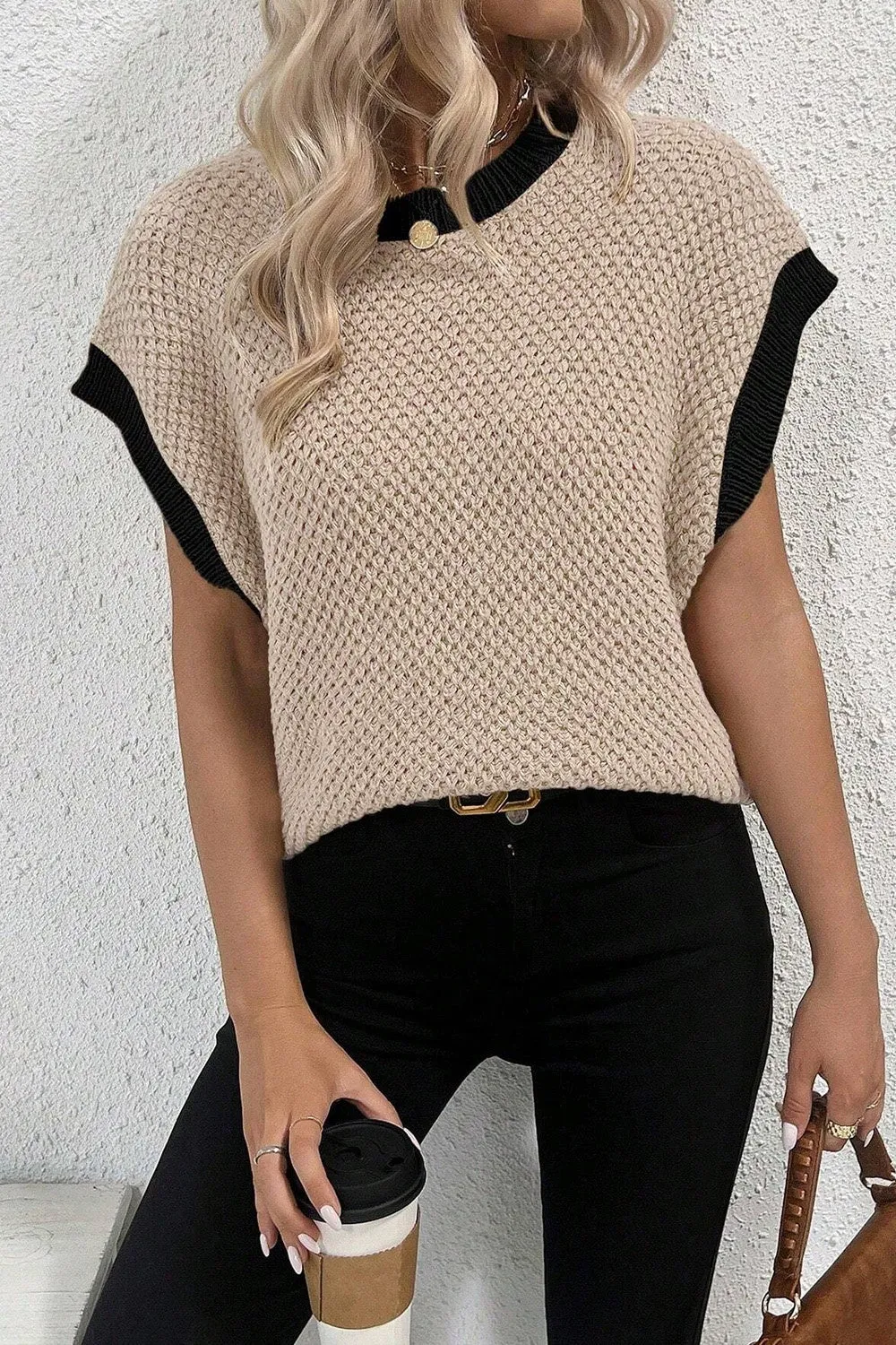 TEEK - Khaki Contrast Round Neck Cap Sleeve Knit Top