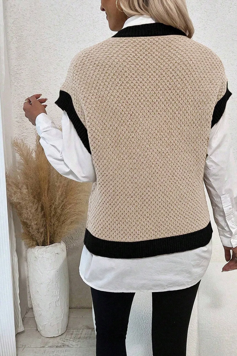 TEEK - Khaki Contrast Round Neck Cap Sleeve Knit Top
