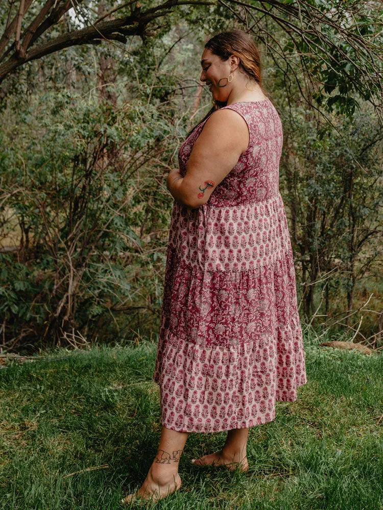 Thais Tiered Sleeveless Dress - Magenta Vine Floral