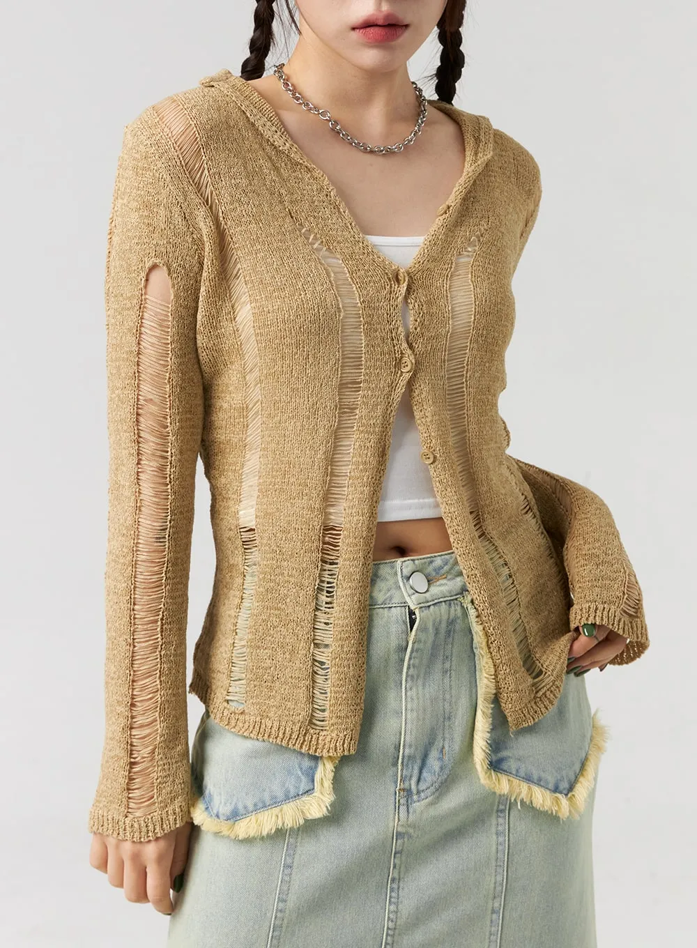 Top And Ripped Cardigan Set CL327