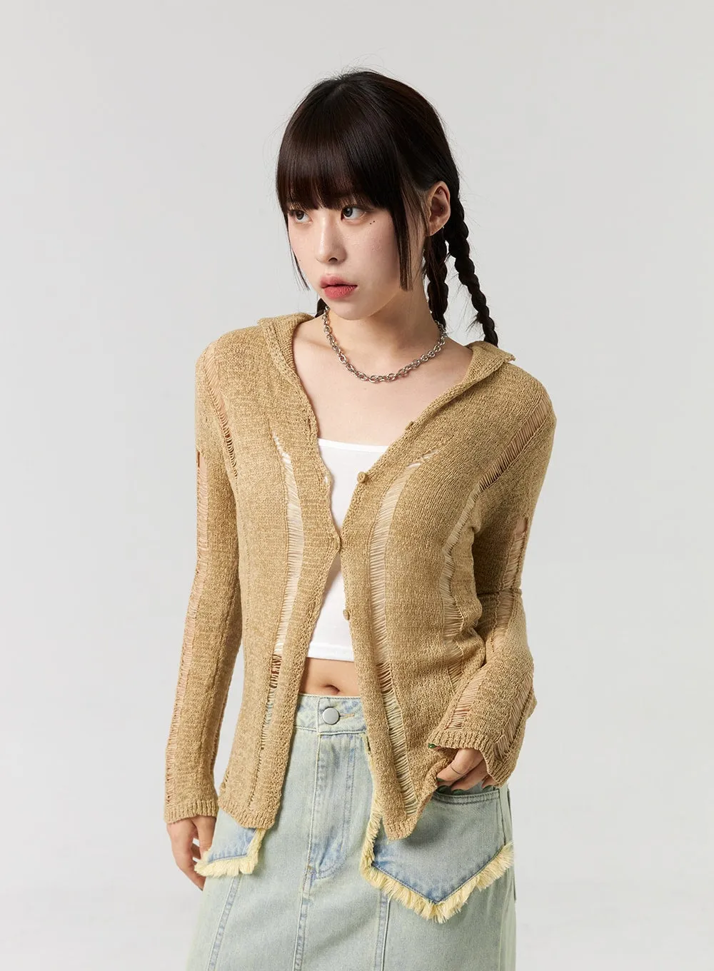 Top And Ripped Cardigan Set CL327