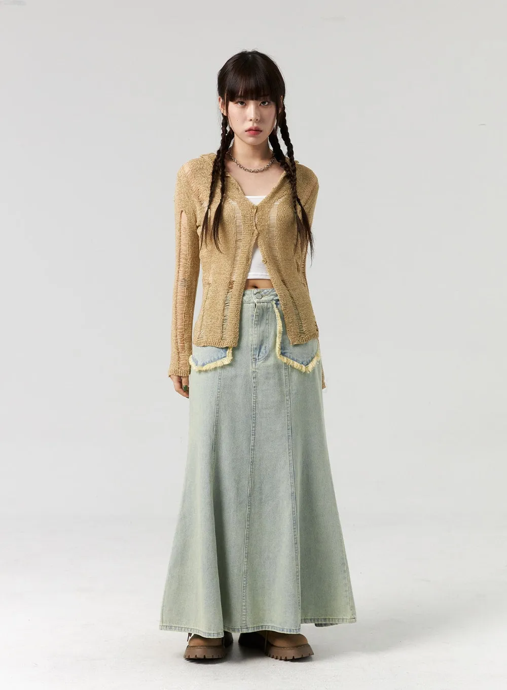 Top And Ripped Cardigan Set CL327