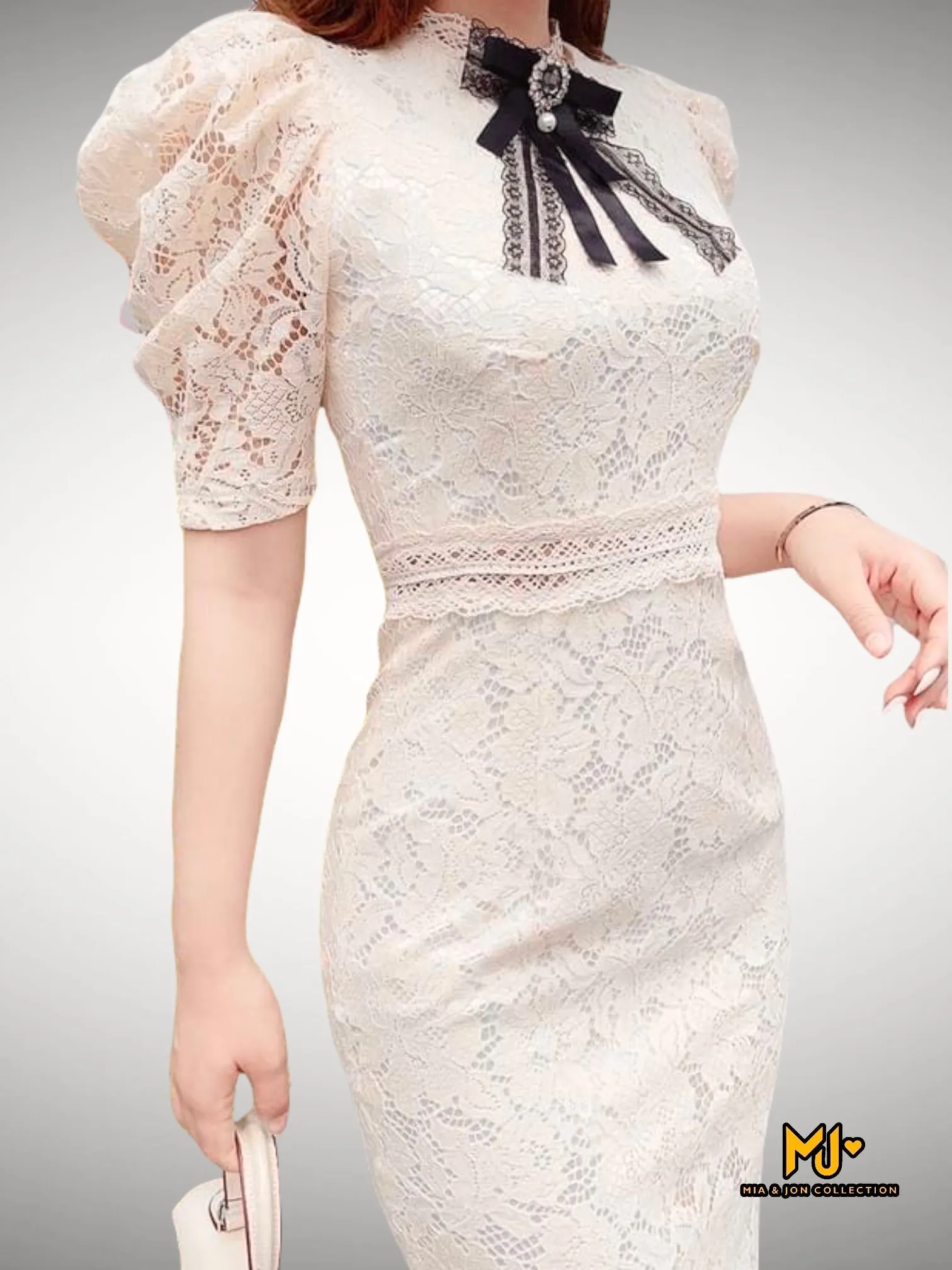 V1890 Puff Sleeve Bodycon Lace Dress