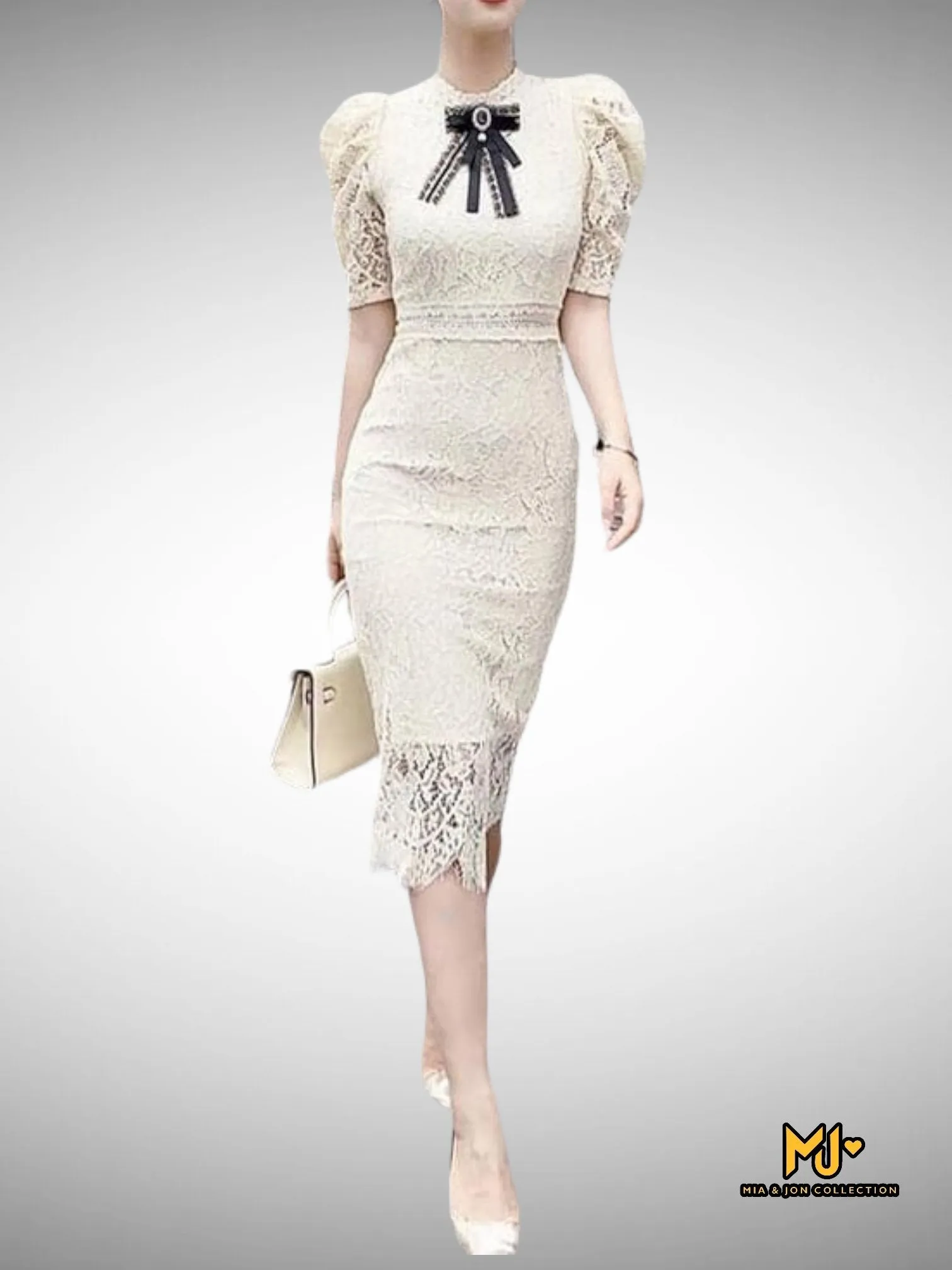 V1890 Puff Sleeve Bodycon Lace Dress