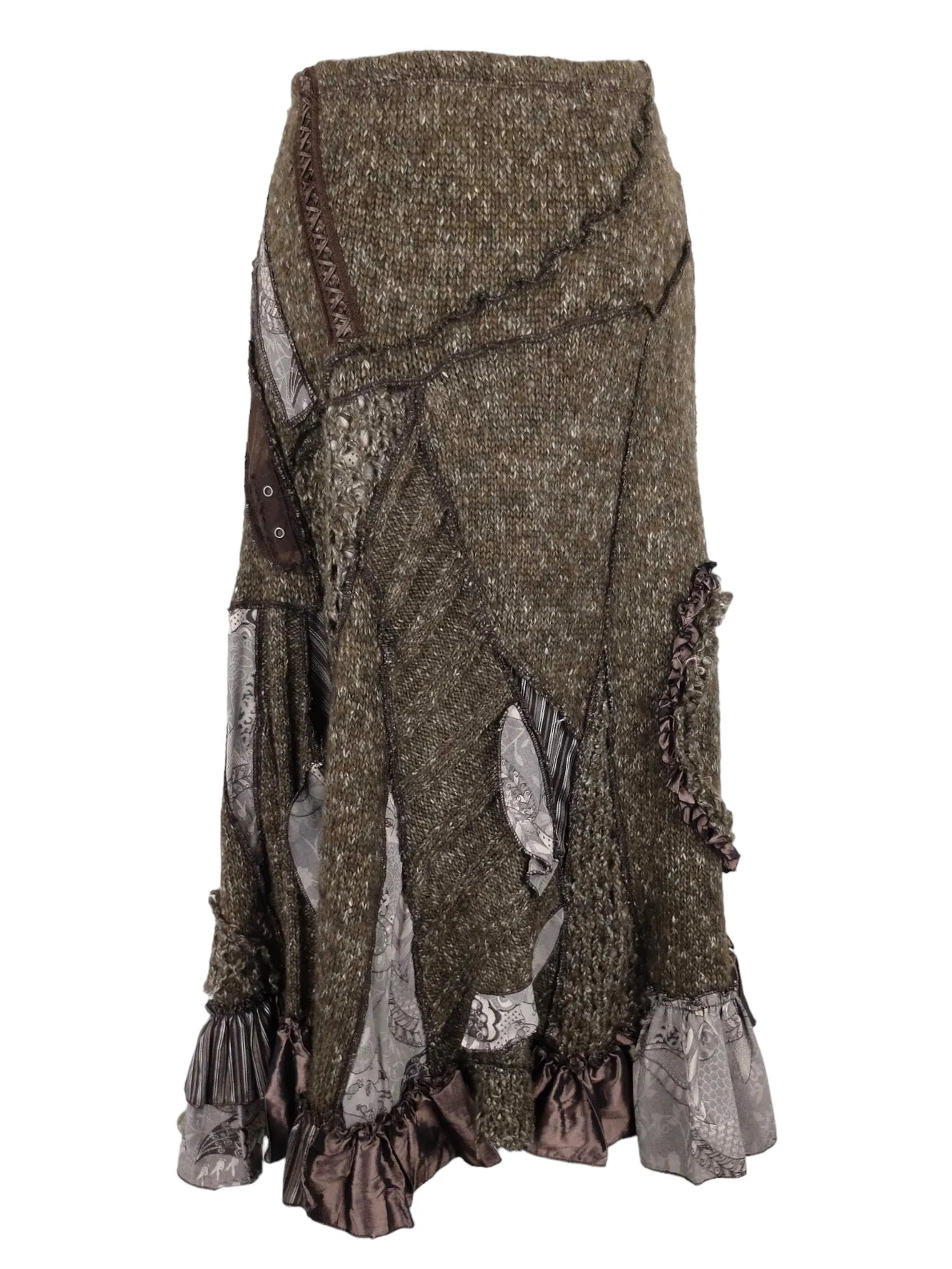 Vintage 2000s Y2K Wool Blend Subversive Soft Grunge Gothic Low Rise Patchwork Crochet Knit Asymmetrical Ruffled Winter Maxi Skirt | 33 Inch Waist