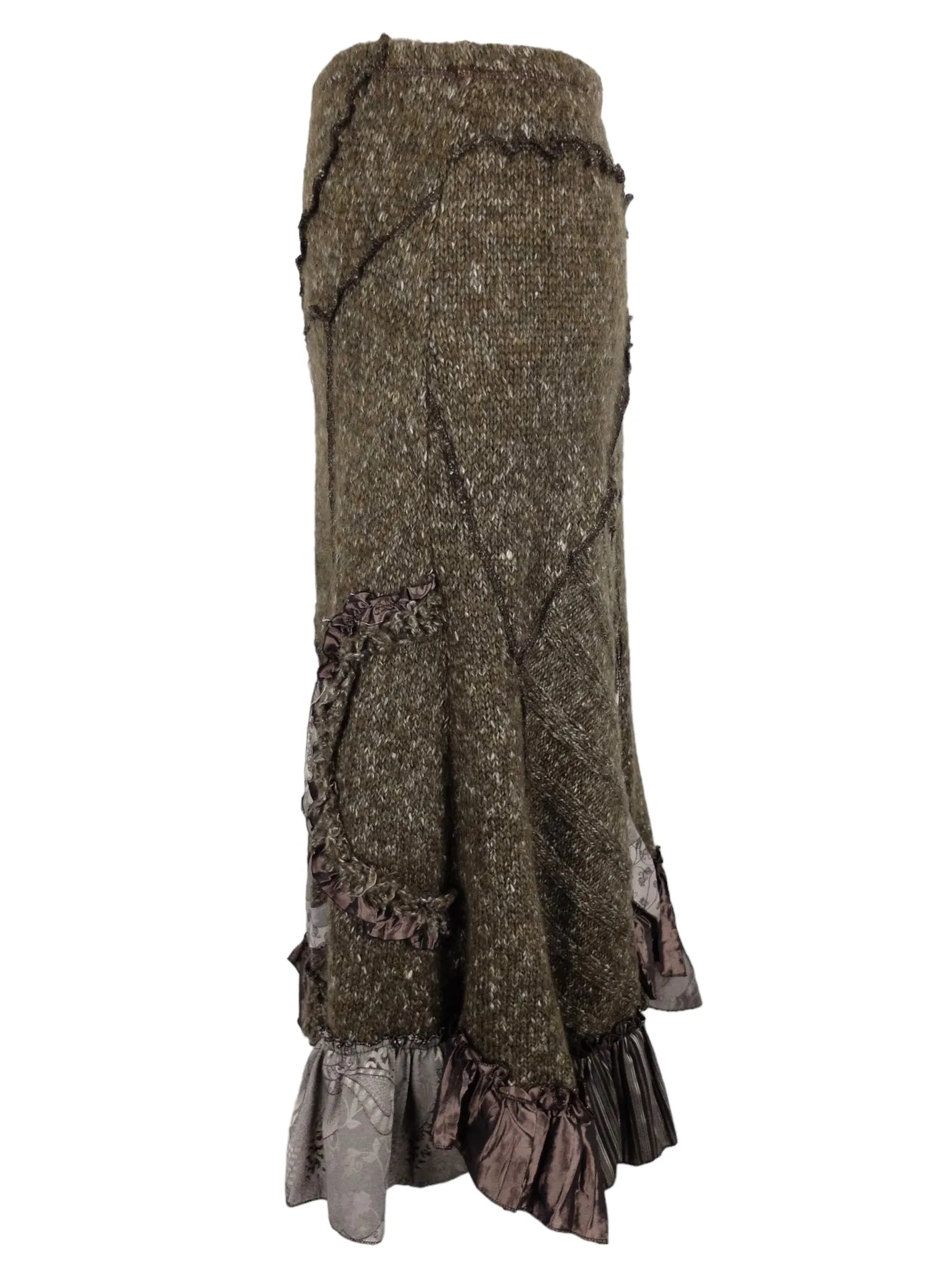 Vintage 2000s Y2K Wool Blend Subversive Soft Grunge Gothic Low Rise Patchwork Crochet Knit Asymmetrical Ruffled Winter Maxi Skirt | 33 Inch Waist