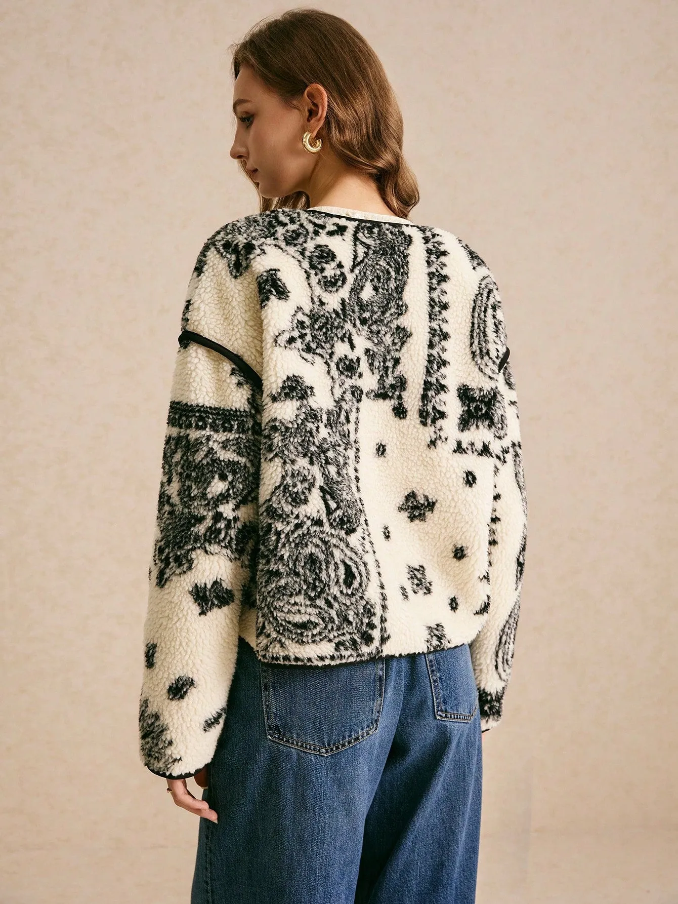 Vintage Print Sherpa Jacket Contrast Lace-Up Long Sleeve Printed Casual Jacket Vintage Flannels Women Winter Clothes