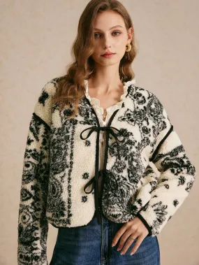 Vintage Print Sherpa Jacket Contrast Lace-Up Long Sleeve Printed Casual Jacket Vintage Flannels Women Winter Clothes