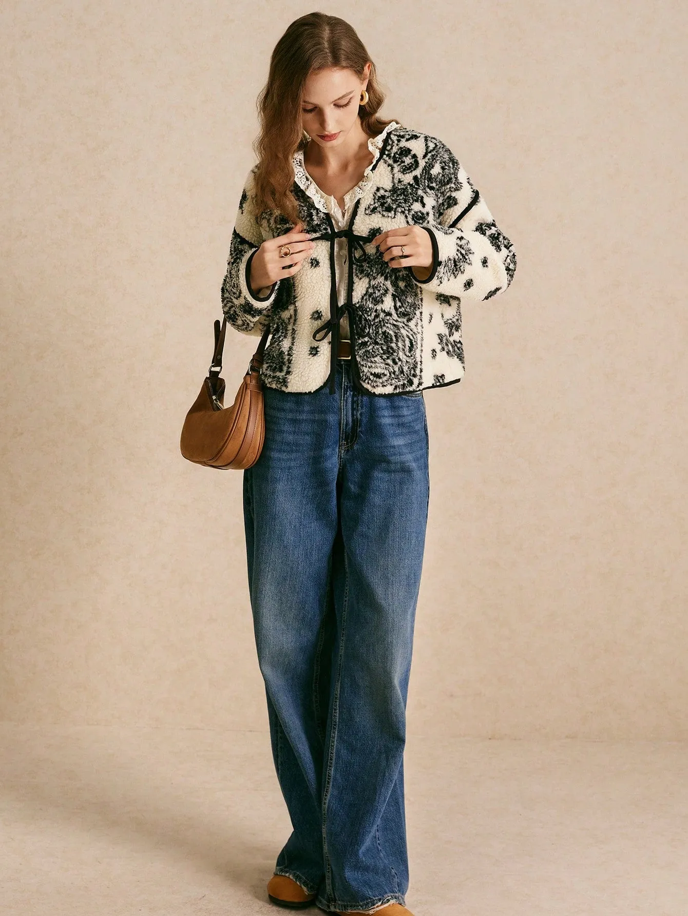 Vintage Print Sherpa Jacket Contrast Lace-Up Long Sleeve Printed Casual Jacket Vintage Flannels Women Winter Clothes