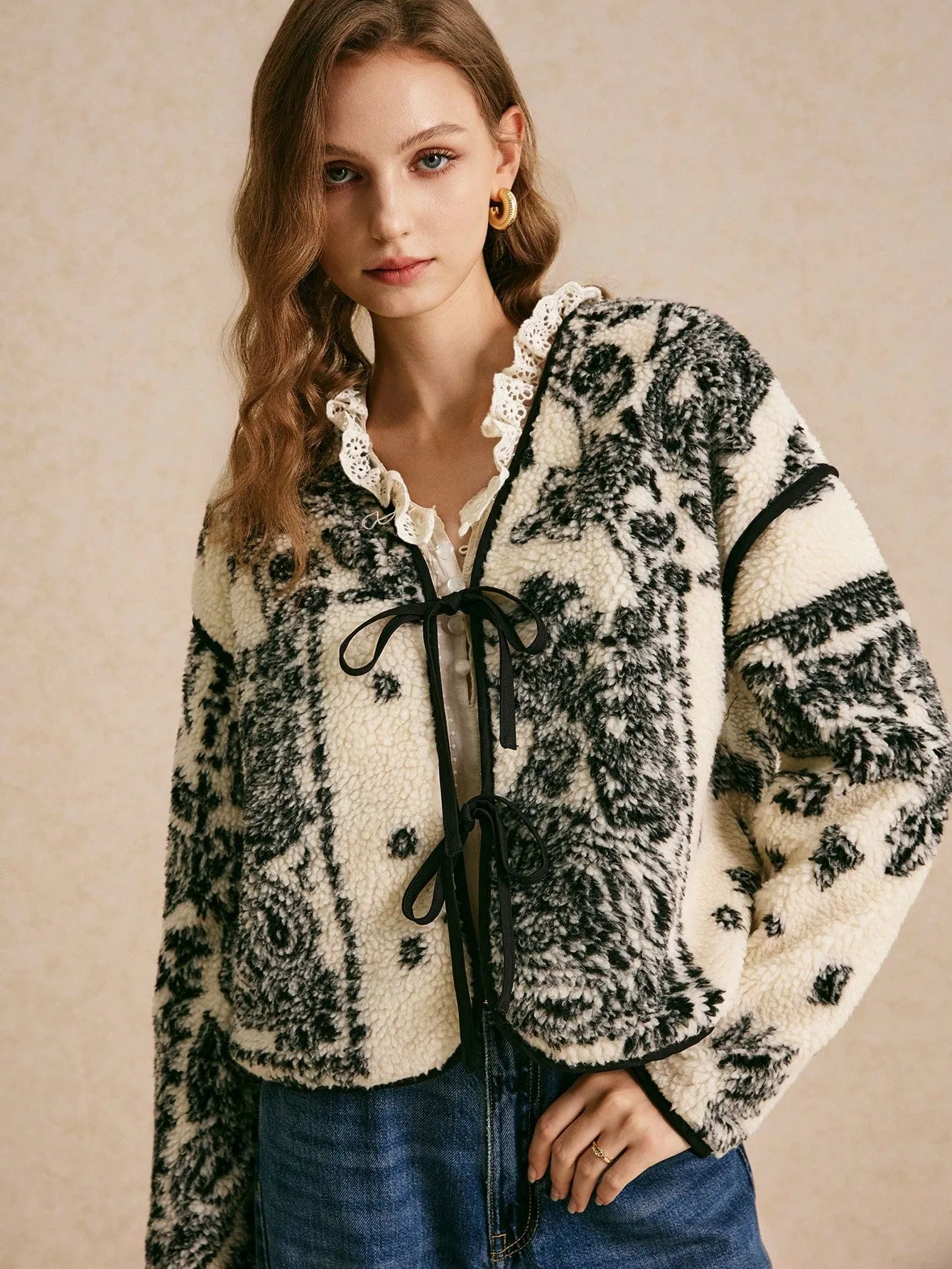 Vintage Print Sherpa Jacket Contrast Lace-Up Long Sleeve Printed Casual Jacket Vintage Flannels Women Winter Clothes