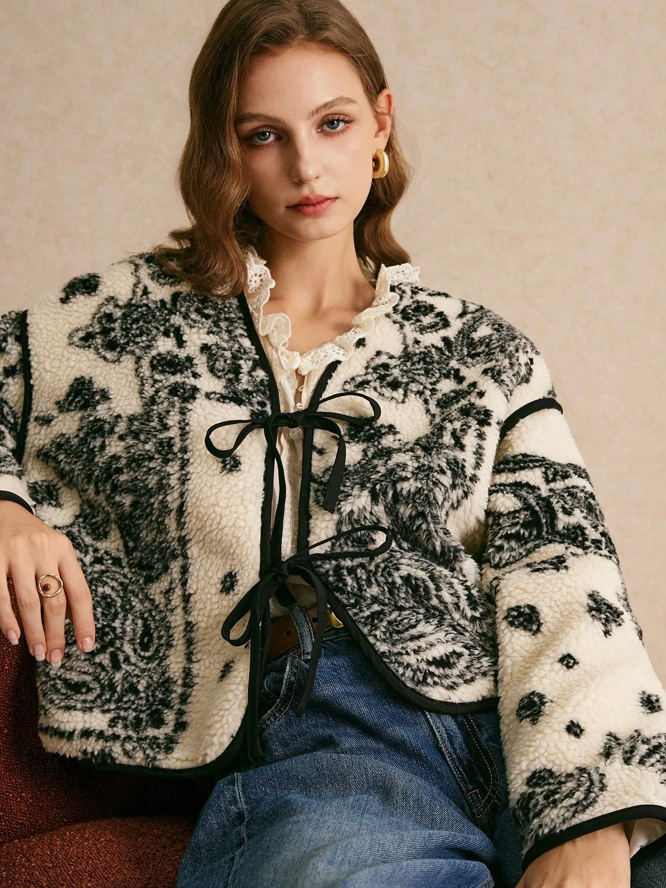 Vintage Print Sherpa Jacket Contrast Lace-Up Long Sleeve Printed Casual Jacket Vintage Flannels Women Winter Clothes