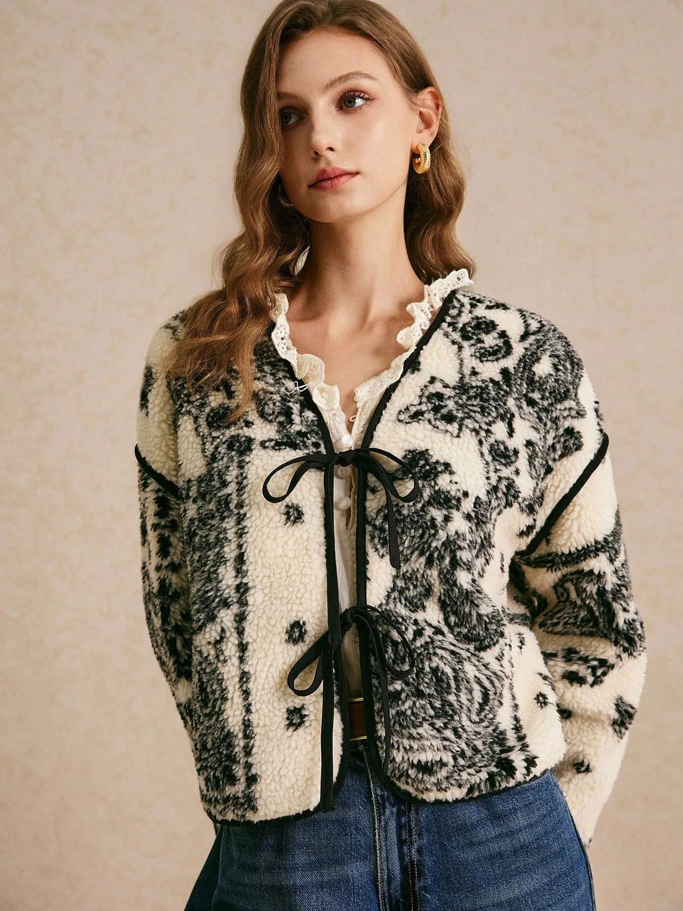 Vintage Print Sherpa Jacket Contrast Lace-Up Long Sleeve Printed Casual Jacket Vintage Flannels Women Winter Clothes