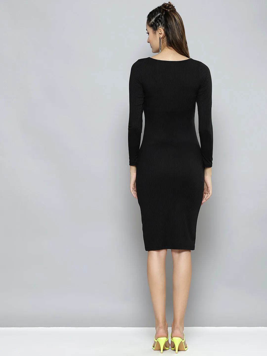 Women Charcoal Rib Sweetheart Neck Bodycon Midi Dress