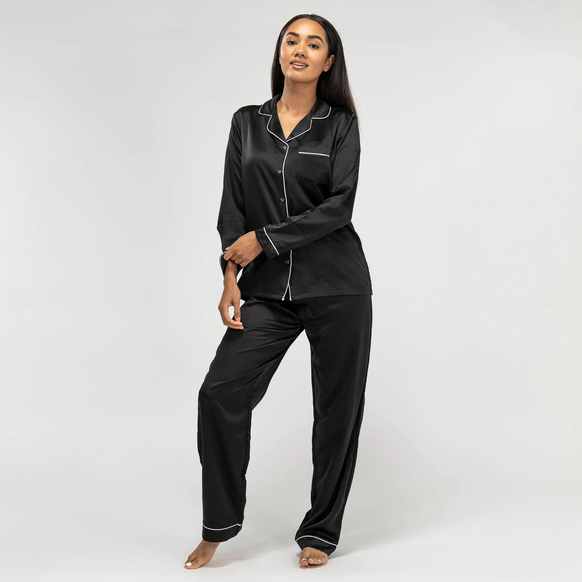 Women's Black Satin Trouser Pyjamas