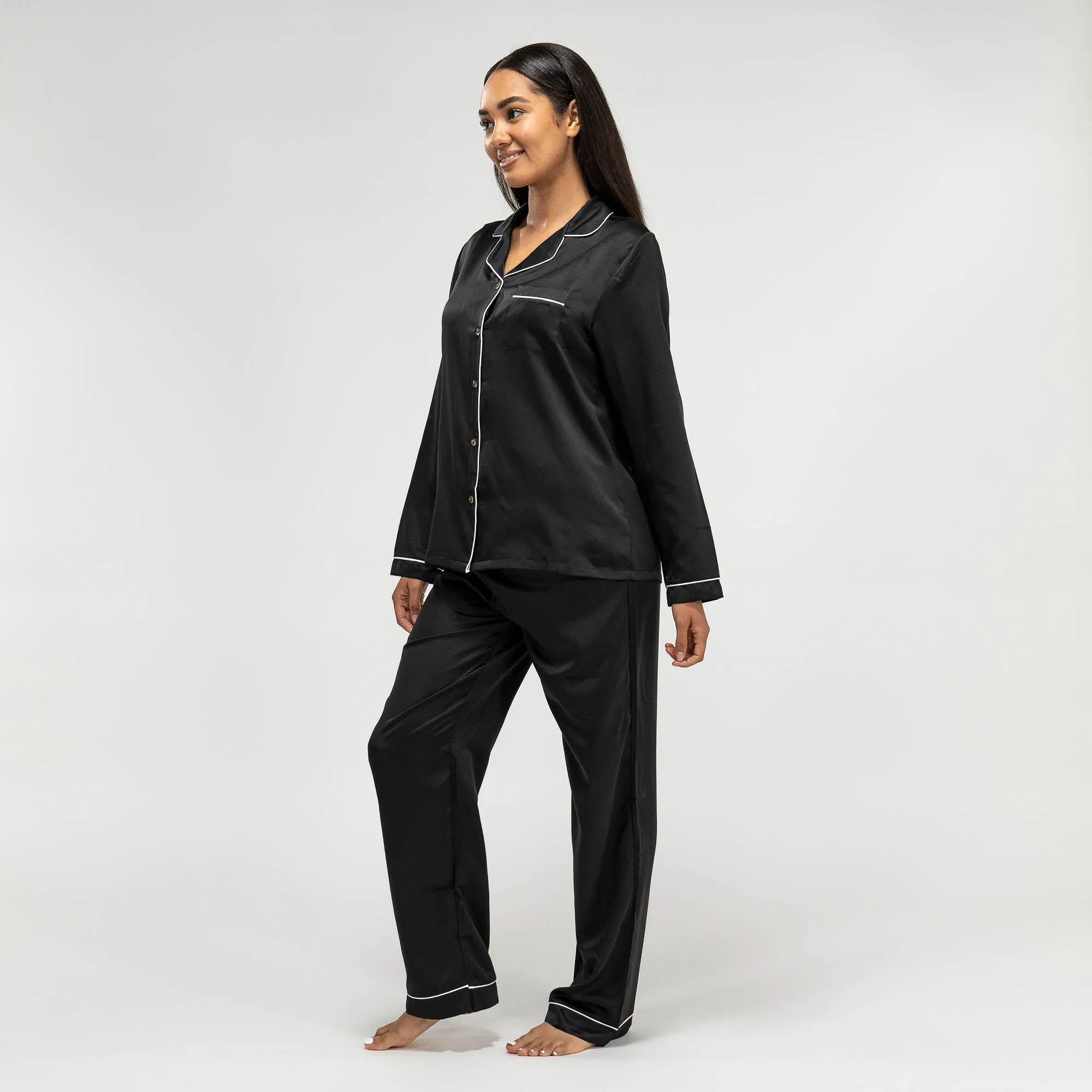 Women's Black Satin Trouser Pyjamas