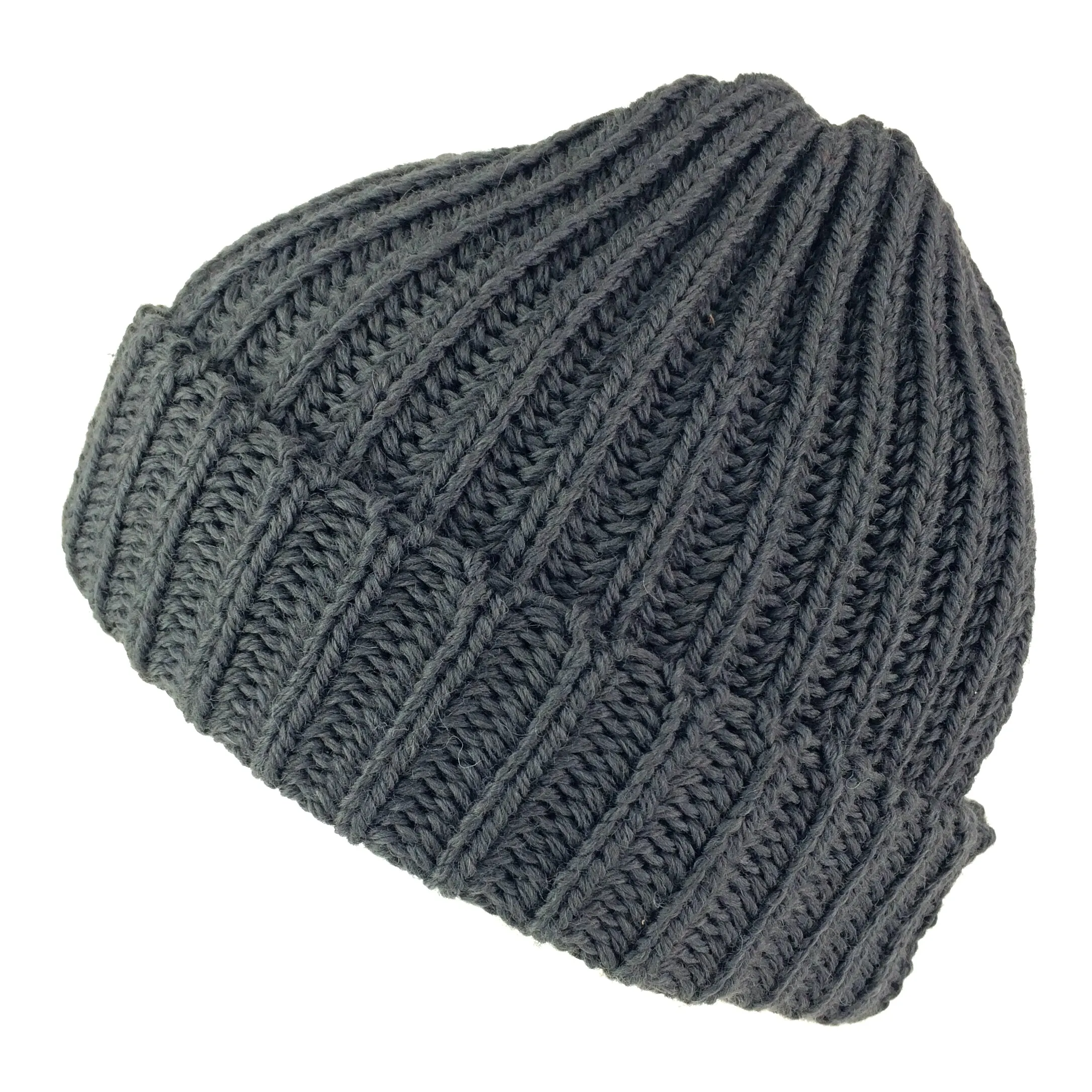 Wool Beanie Highland 2000 Fisherman's Hat Merino Wool Chunky Knit - Black, Grey & Blue Bobcap