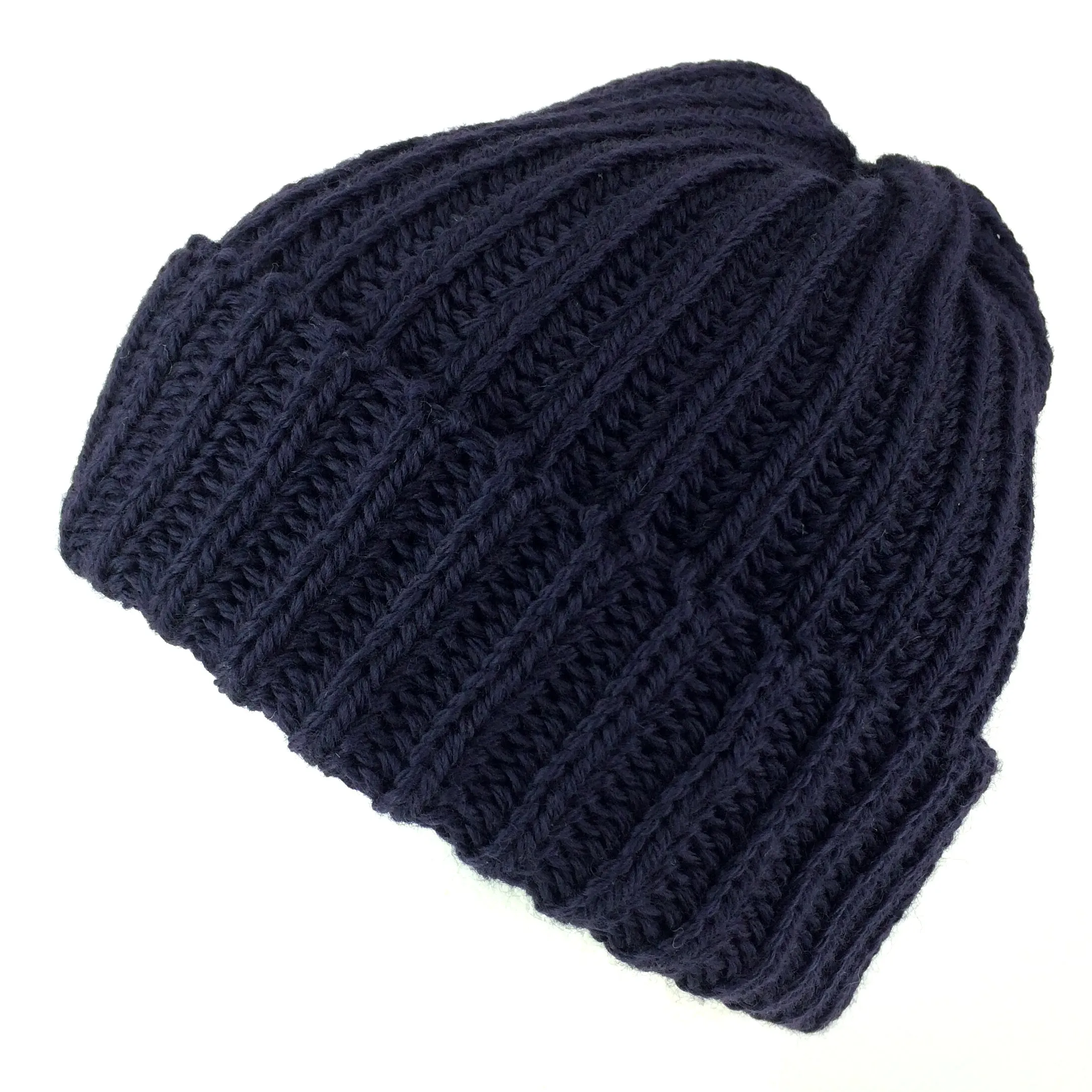 Wool Beanie Highland 2000 Fisherman's Hat Merino Wool Chunky Knit - Black, Grey & Blue Bobcap